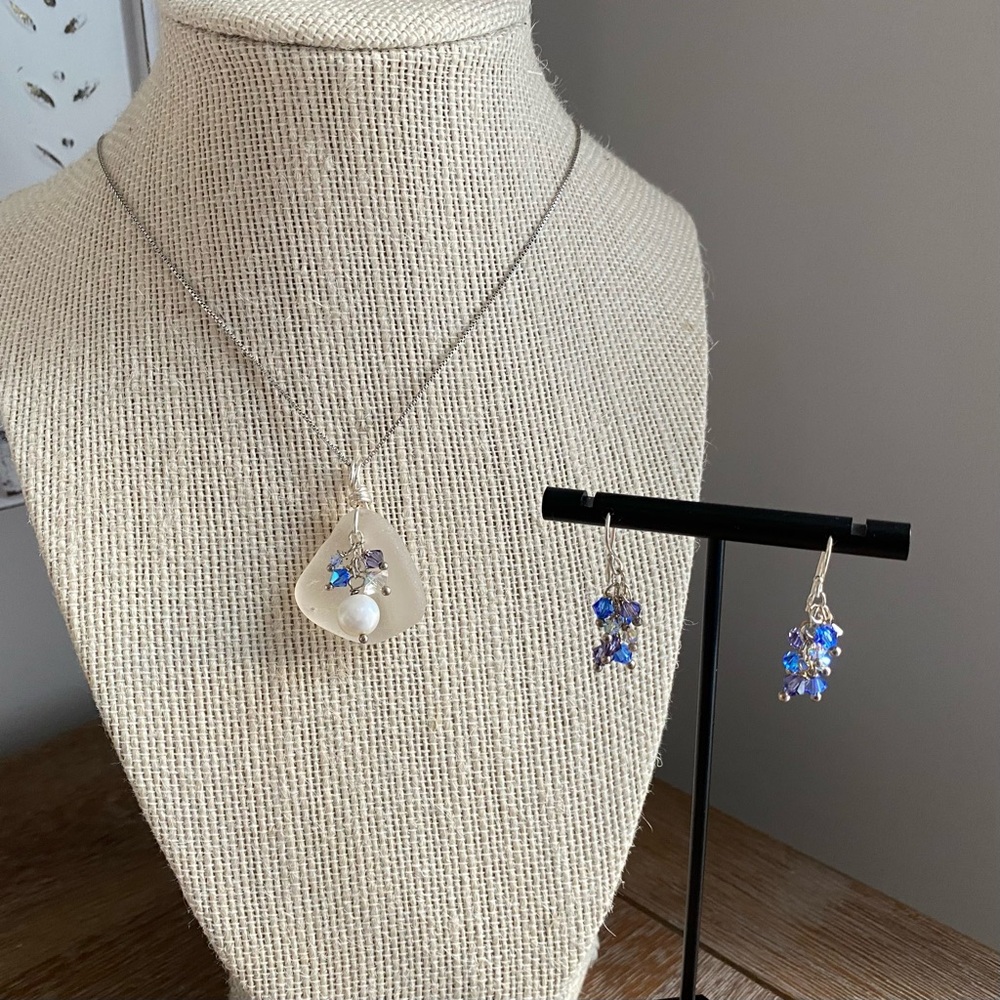 NEW Beachglass from Lake Erie/pearl/Swarovski .925 Sterling necklace/earring set
